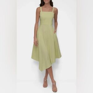 DKNY Square-Neck Asymmetrical Linen Midi Dress in Light Green